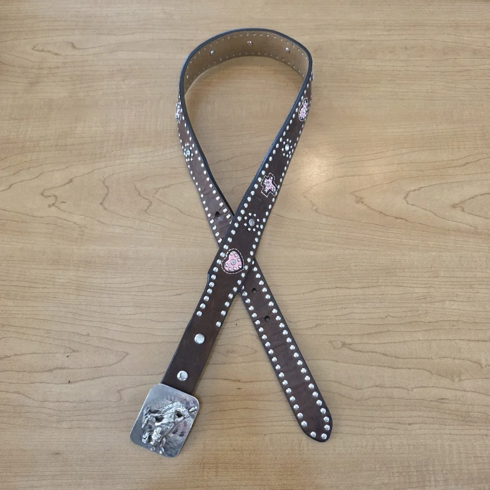 Nocona Girls Western Brown Leather Belt Pink Rhinestone Cross Studded Size 28